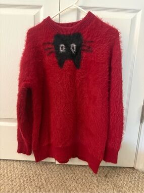Aelfric Eden Red Fuzzy Sweater with Black Cat Motif